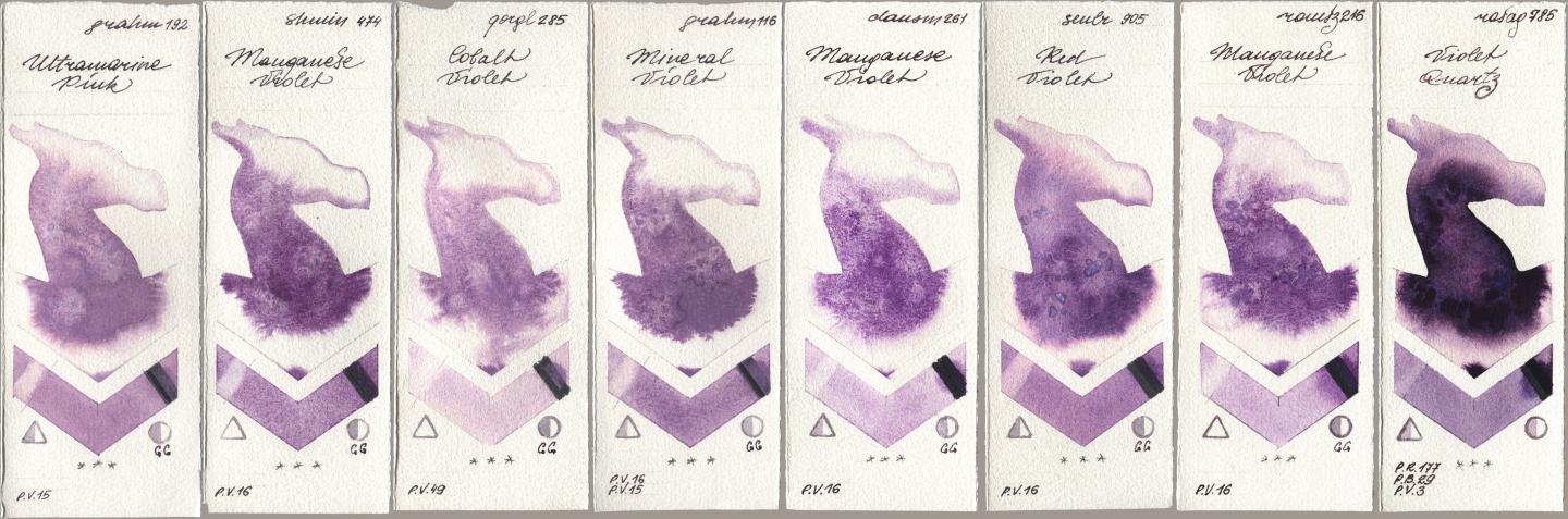 M. Graham & Co. Artists 192 Ultramarine Pink, Shminke Horadam Aquarell 474 Manganese Violet, Golden QOR 285 Cobalt Violet, 116 Mineral Violet, Daniel Smith 261 Manganese Violet, Sennelier l Aquarelle 905 Red Violet, Roman Szmal Aquarius 216 Manganese Violet, Rosa Gallery 785 Violet Quar watercolor swatch