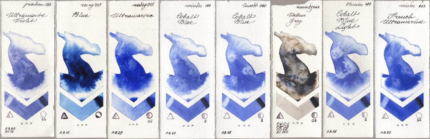 M. Graham & Co. Artists 193 Ultramarine Violet, Rosa Gallery 718 Blue, 715 Ultramarine, Winsor & Newton Professional 178 Cobalt Blue, Holbein Artists Watercolor 090 Cobalt Blue, Roman Szmal Aquarius 262 Urban Grey, Shminke Horadam Aquarell 487 Cobalt Blue Light, 263 French Ultramari watercolor swatch