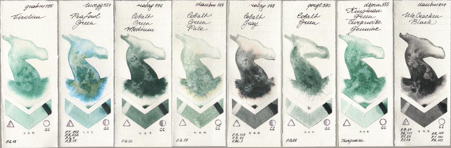M. Graham & Co. Artists 195 Viridian, Holbein Artists Watercolor 524 Peafowl Green, Rosa Gallery 776 Cobalt Green Medium, Daniel Smith 027 Cobalt Green Pale, 768 Cobalt Gray, Golden QOR 390 Cobalt Green, 155 Kingman Green Turquoise Genuine, 248 McCracken Bla watercolor swatch