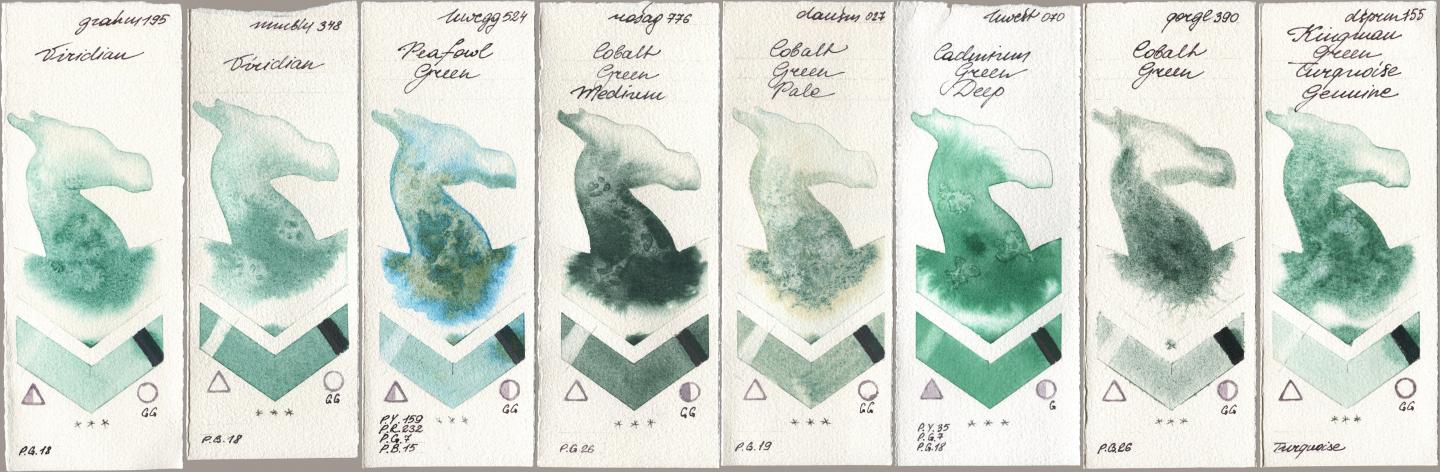 M. Graham & Co. Artists 195 Viridian, Maimeri Blu 348 Viridian, Holbein Artists Watercolor 524 Peafowl Green, Rosa Gallery 776 Cobalt Green Medium, Daniel Smith 027 Cobalt Green Pale, 070 Cadmium Green Deep, Golden QOR 390 Cobalt Green, 155 Kingman Green Turquoise Genui watercolor swatch
