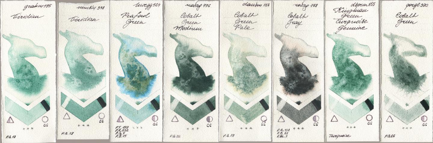 M. Graham & Co. Artists 195 Viridian, Maimeri Blu 348 Viridian, Holbein Artists Watercolor 524 Peafowl Green, Rosa Gallery 776 Cobalt Green Medium, Daniel Smith 027 Cobalt Green Pale, 768 Cobalt Gray, 155 Kingman Green Turquoise Genuine, Golden QOR 390 Cobalt Gre watercolor swatch