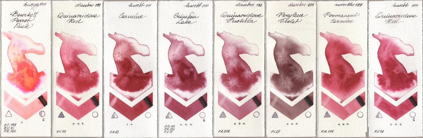 Holbein Artists Watercolor 501 Bourkes Parrot Pink, Daniel Smith 091 Quinacridone Red, 011 Carmine, 010 Crimson Lake, 132 Quinacridone Fuchsia, 201 Perylene Violet, Maimeri Blu 167 Permanent Carmine, 005 Quinacridone R watercolor swatch