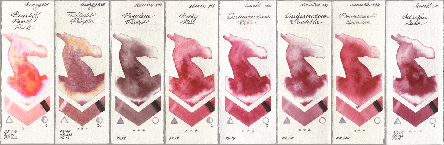 Holbein Artists Watercolor 501 Bourkes Parrot Pink, 543 Twilight Purple, Daniel Smith 201 Perylene Violet, Shminke Horadam Aquarell 351 Ruby Red, 005 Quinacridone Red, 132 Quinacridone Fuchsia, Maimeri Blu 167 Permanent Carmine, 010 Crimson La watercolor swatch