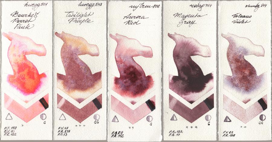 Holbein Artists Watercolor 501 Bourkes Parrot Pink, 543 Twilight Purple, Mijello Mission Gold 806 Aurora Red, Rosa Gallery 764 Magenta Gray, Shminke Horadam Aquarell 914 Volcano Viol watercolor swatch