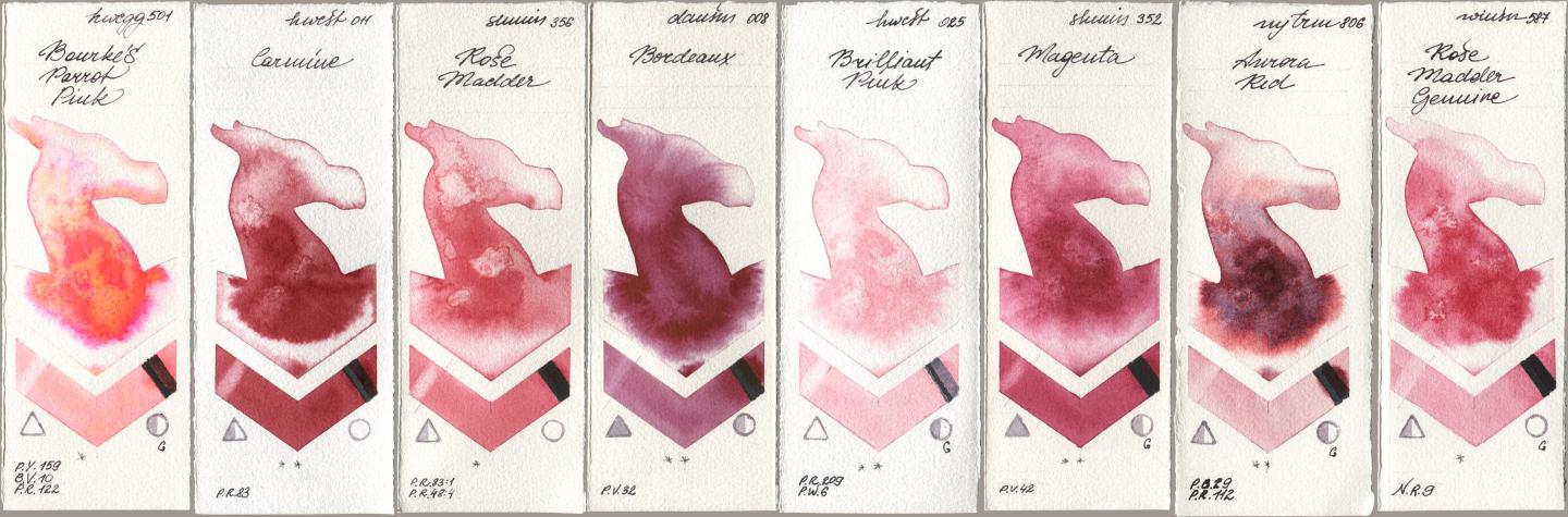 Holbein Artists Watercolor 501 Bourkes Parrot Pink, 011 Carmine, Shminke Horadam Aquarell 356 Rose Madder, Daniel Smith 008 Bordeaux, 025 Brilliant Pink, 352 Magenta, Mijello Mission Gold 806 Aurora Red, Winsor & Newton Professional 587 Rose Madder Genui watercolor swatch
