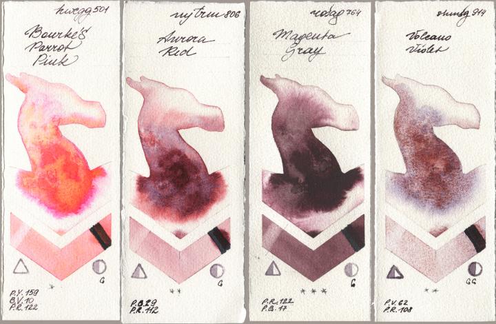Holbein Artists Watercolor 501 Bourkes Parrot Pink, Mijello Mission Gold 806 Aurora Red, Rosa Gallery 764 Magenta Gray, Shminke Horadam Aquarell 914 Volcano Viol watercolor swatch