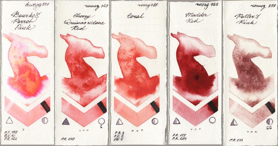 Holbein Artists Watercolor 501 Bourkes Parrot Pink vs Roman Szmal Aquarius 329 Cherry Quinacridone Red vs Rosa Gallery 756 Coral vs 725 Madder Red vs 359 Potters Pink watercolor swatch