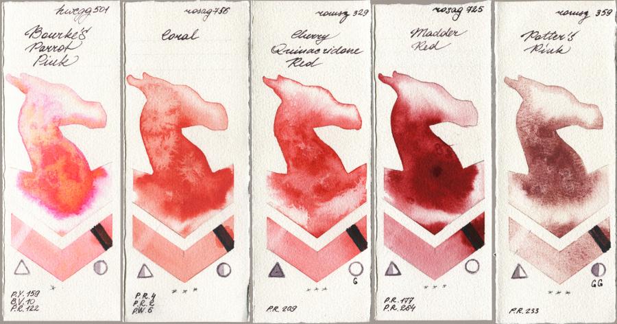 Holbein Artists Watercolor 501 Bourkes Parrot Pink vs Rosa Gallery 756 Coral vs Roman Szmal Aquarius 329 Cherry Quinacridone Red vs 725 Madder Red vs 359 Potters Pink watercolor swatch