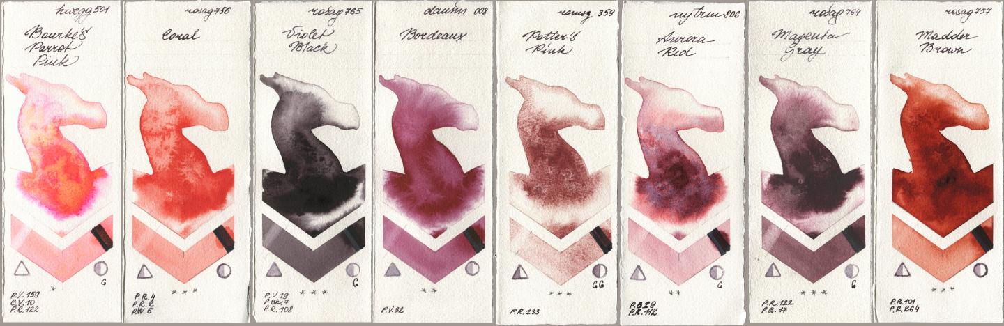 Holbein Artists Watercolor 501 Bourkes Parrot Pink, Rosa Gallery 756 Coral, 765 Violet Black, Daniel Smith 008 Bordeaux, Roman Szmal Aquarius 359 Potters Pink, Mijello Mission Gold 806 Aurora Red, 764 Magenta Gray, 757 Madder Bro watercolor swatch
