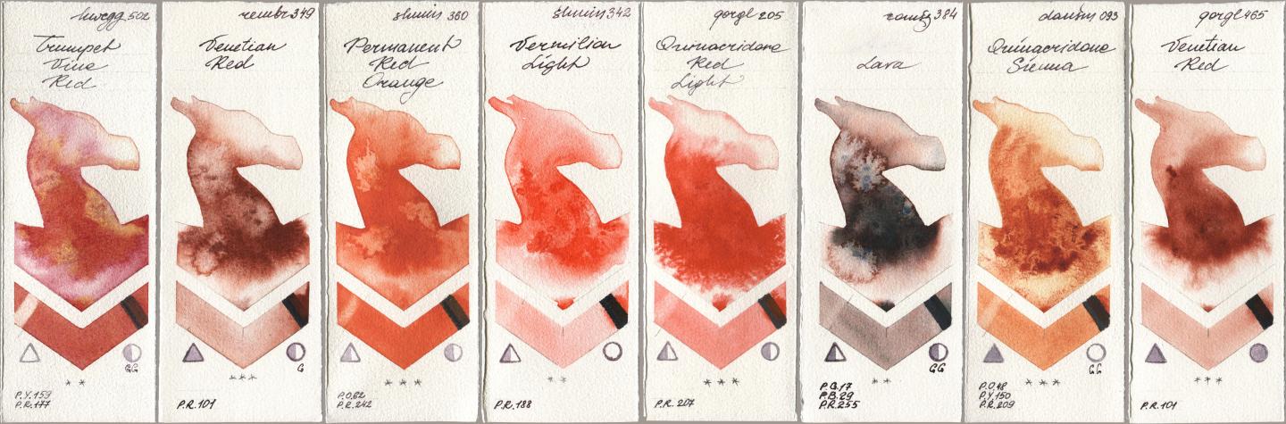 Holbein Artists Watercolor 502 Trumpet Vine Red, Royal Talens Rembrandt Watercolour 349 Venerian Red, Shminke Horadam Aquarell 360 Permanent Red Orange, 342 Vermilion Light, Golden QOR 205 Quinacridone Red Light, Roman Szmal Aquarius 384 Lava, Daniel Smith 093 Quinacridone Sienna, 465 Venetian R watercolor swatch