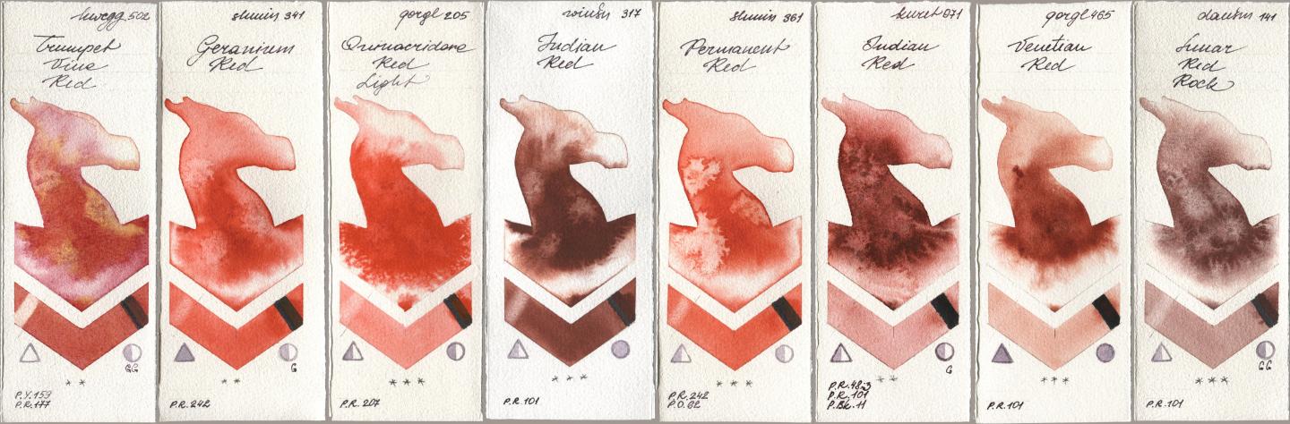 Holbein Artists Watercolor 502 Trumpet Vine Red, Shminke Horadam Aquarell 341 Geranium Red, Golden QOR 205 Quinacridone Red Light, Winsor & Newton Professional 317 Indian Red, 361 Permanent Red, Kuretake Gansai Tambi 071 Indian Red, 465 Venetian Red, Daniel Smith 141 Lunar Red Ro watercolor swatch