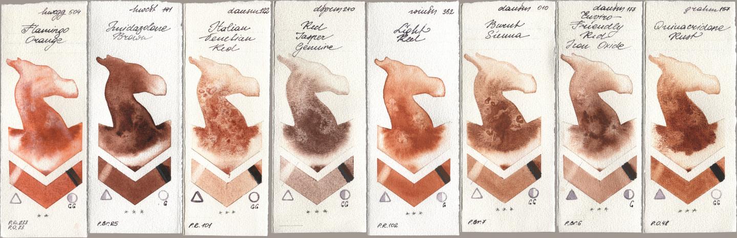 Holbein Artists Watercolor 504 Flamingo Orange, 141 Imidazolone Brown, Daniel Smith 122 Italian Venetian Red, 240 Red Jasper Genuine, Winsor & Newton Professional 362 Light Red, 010 Burnt Sienna, 177 Enviro-Friendly Red Iron Oxide, M. Graham & Co. Artists 157 Quinacridone Ru watercolor swatch