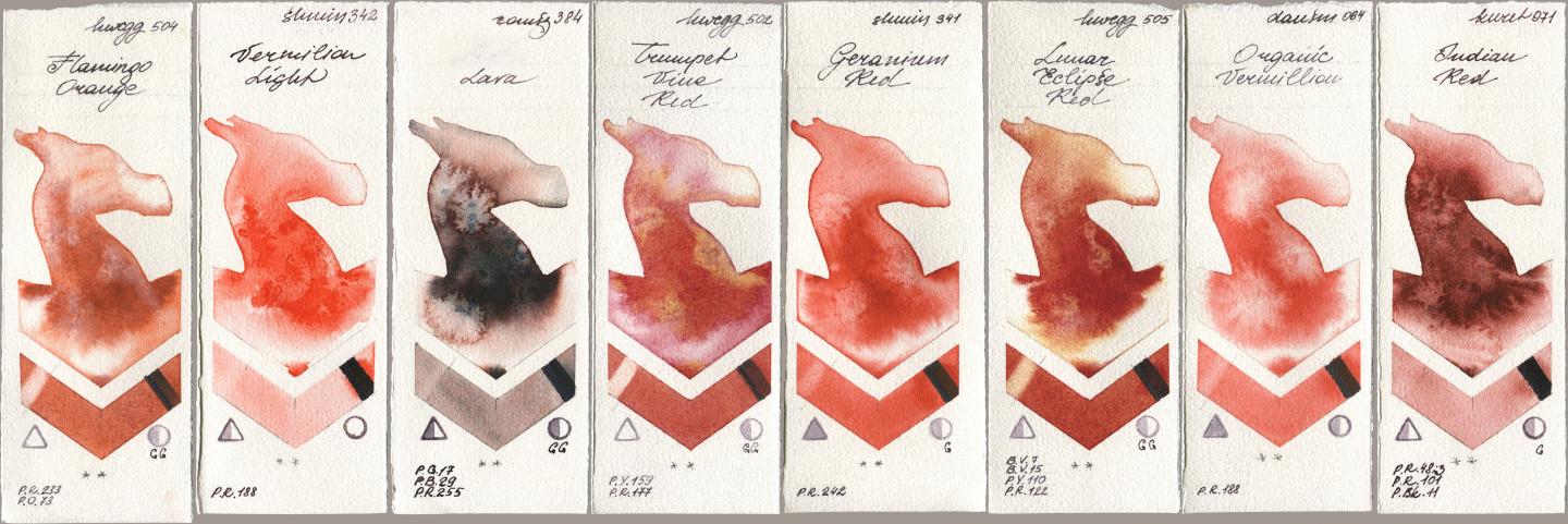 Holbein Artists Watercolor 504 Flamingo Orange, Shminke Horadam Aquarell 342 Vermilion Light, Roman Szmal Aquarius 384 Lava, 502 Trumpet Vine Red, 341 Geranium Red, 505 Lunar Eclipse Red, Daniel Smith 064 Organic Vermilion, Kuretake Gansai Tambi 071 Indian R watercolor swatch