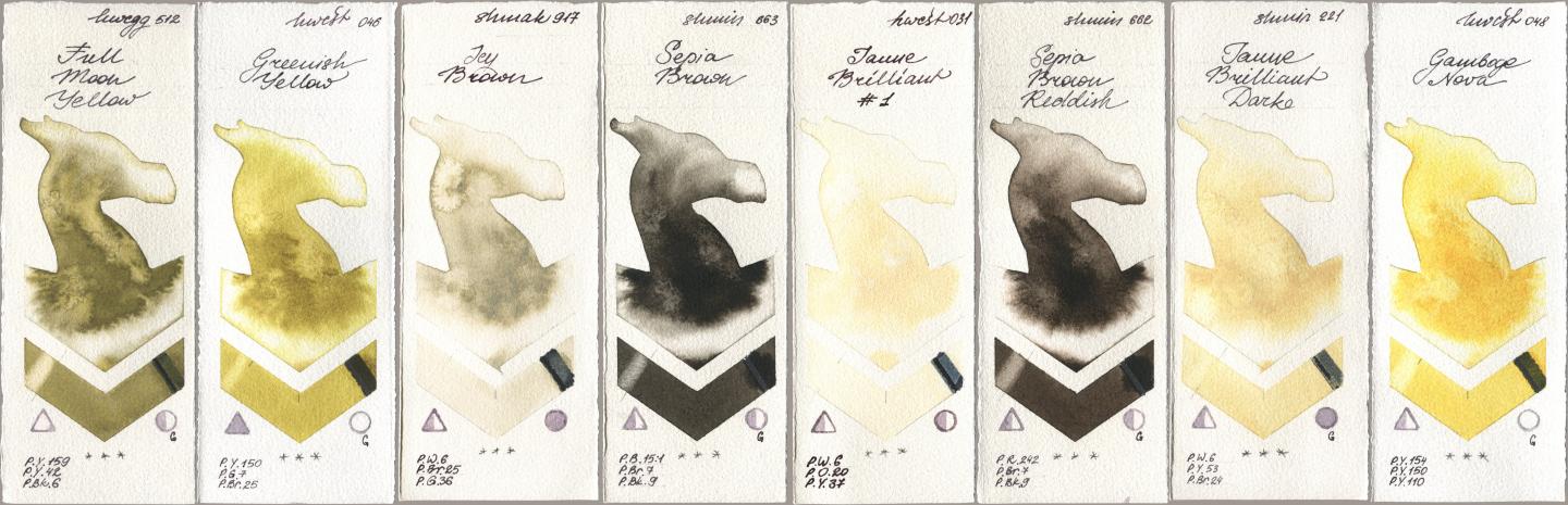 Holbein Artists Watercolor 512 Full Moon Yellow, 046 Greenish Yellow, Shminke Akademie Aquarell 917 Icy Brown, Shminke Horadam Aquarell 663 Sepia Brown, 031 Jaune Brilliant No 1, 662 Sepia Brown Reddish, 221 Brilliant Yellow Dark (Jaune Brilliant Dark), 048 Gamboge No watercolor swatch