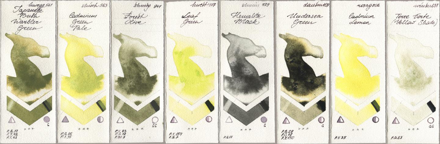 Holbein Artists Watercolor 521 Japanese Bush Warbler Green, Shinhan PWC 563 Cadmium Green Pale, Shminke Horadam Aquarell 941 Forest Olive, 077 Leaf Green, 789 Hematite Black, Daniel Smith 109 Undersea Green, Rosa Gallery 702 Cadmium Lemon, Winsor & Newton Professional 638 Terre Verte (Yellow Shad watercolor swatch