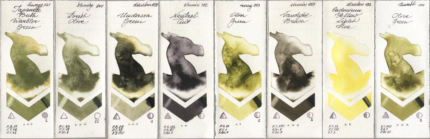 Holbein Artists Watercolor 521 Japanese Bush Warbler Green, Shminke Horadam Aquarell 941 Forest Olive, Daniel Smith 109 Undersea Green, 782 Neutral Tint, Rosa Gallery 713 Olive Green, 669 Vandyke Brown, 192 Cadmium Yellow Light Hue, 074 Olive Gre watercolor swatch