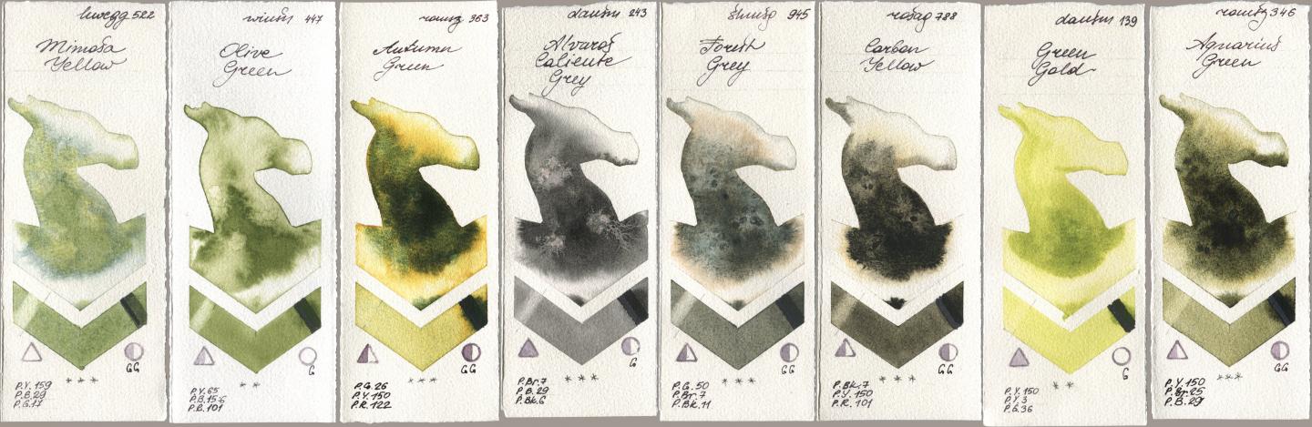Holbein Artists Watercolor 522 Mimosa Yellow, Winsor & Newton Professional 447 Olive Green, Roman Szmal Aquarius 363 Autumn Green, Daniel Smith 243 Alvaros Caliente Grey, Shminke Horadam Aquarell 945 Forest Grey, Rosa Gallery 788 Carbon Yellow, 139 Green Gold, 346 Aquarius Gre watercolor swatch