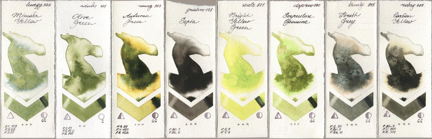 Holbein Artists Watercolor 522 Mimosa Yellow, Winsor & Newton Professional 447 Olive Green, Roman Szmal Aquarius 363 Autumn Green, M. Graham & Co. Artists 178 Sepia, Sennelier l Aquarelle 871 Bright Yellow Green, Daniel Smith 190 Serpentine Genuine, Shminke Horadam Aquarell 945 Forest Grey, Rosa Gallery 788 Carbon Yell watercolor swatch