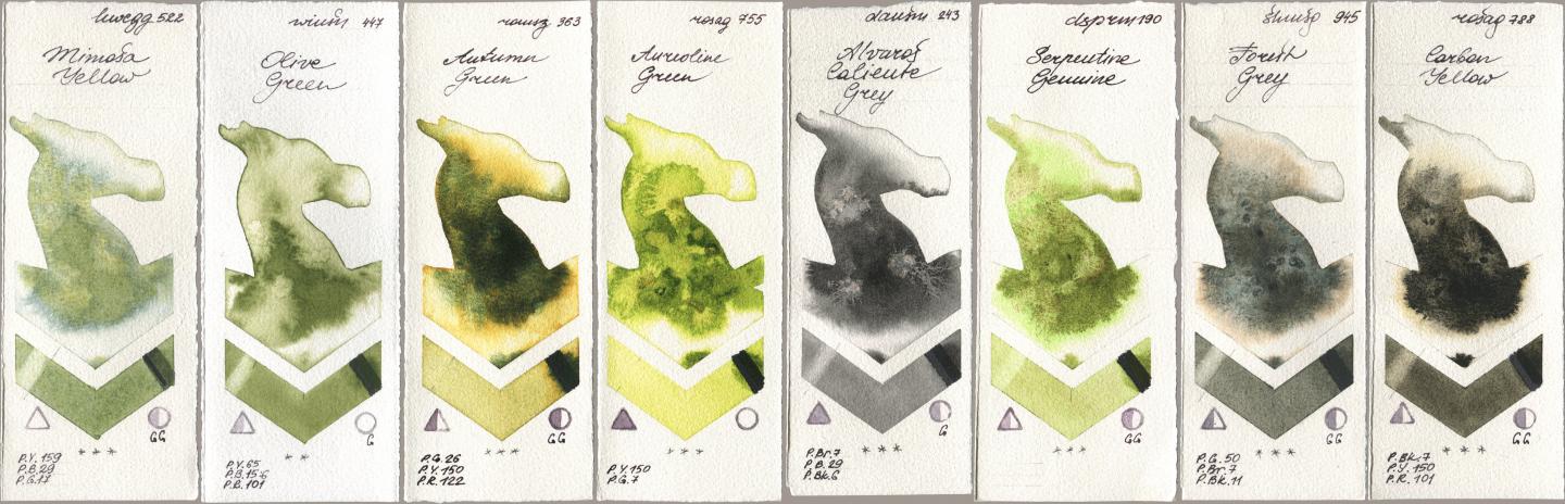 Holbein Artists Watercolor 522 Mimosa Yellow, Winsor & Newton Professional 447 Olive Green, Roman Szmal Aquarius 363 Autumn Green, Rosa Gallery 755 Aureoline Green, Daniel Smith 243 Alvaros Caliente Grey, 190 Serpentine Genuine, Shminke Horadam Aquarell 945 Forest Grey, 788 Carbon Yell watercolor swatch
