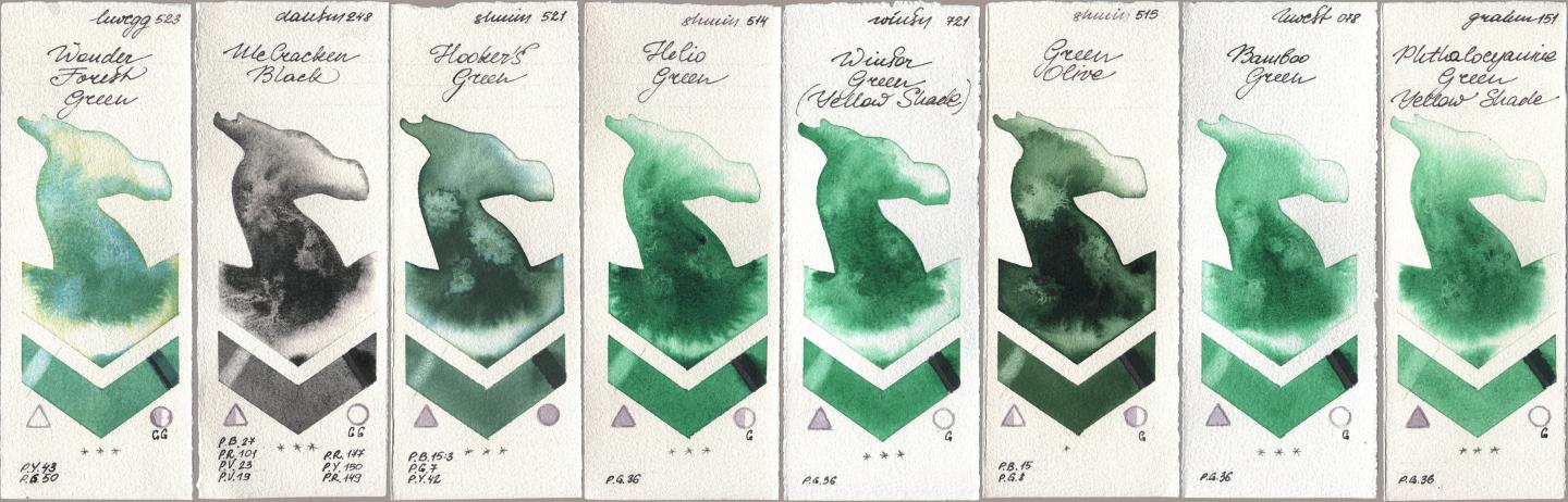Holbein Artists Watercolor 523 Wonder Forest Green, Daniel Smith 248 McCracken Black, Shminke Horadam Aquarell 521 Hookers Green, 514 Helio Green, Winsor & Newton Professional 721 Winsor Green (Yellow shade), 515 Green Olive, 078 Bamboo Green, M. Graham & Co. Artists 151 Phthalocyanine Green Yellow Sha watercolor swatch