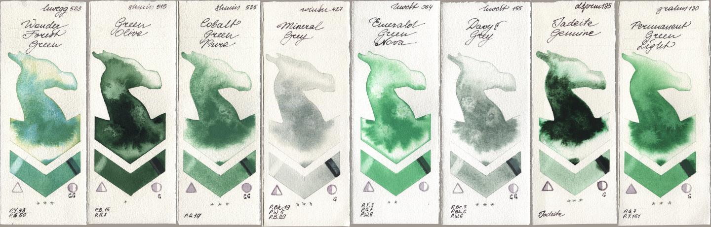 Holbein Artists Watercolor 523 Wonder Forest Green, Shminke Horadam Aquarell 515 Green Olive, 535 Cobalt Green Pure, Winsor & Newton Professional 427 Mineral Grey, 064 Emerald Green Nova, 155 Davys Grey, Daniel Smith 195 Jadeite Genuine, M. Graham & Co. Artists 130 Permanent Green Lig watercolor swatch
