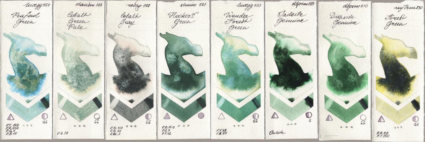 Holbein Artists Watercolor 524 Peafowl Green, Daniel Smith 027 Cobalt Green Pale, Rosa Gallery 768 Cobalt Gray, Shminke Horadam Aquarell 521 Hookers Green, 523 Wonder Forest Green, 195 Jadeite Genuine, 210 Diopside Genuine, Mijello Mission Gold 830 Forest Gre watercolor swatch
