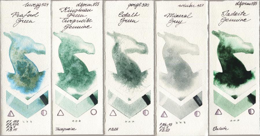 Holbein Artists Watercolor 524 Peafowl Green vs Daniel Smith 155 Kingman Green Turquoise Genuine vs Golden QOR 390 Cobalt Green vs Winsor & Newton Professional 427 Mineral Grey vs 195 Jadeite Genuine watercolor swatch