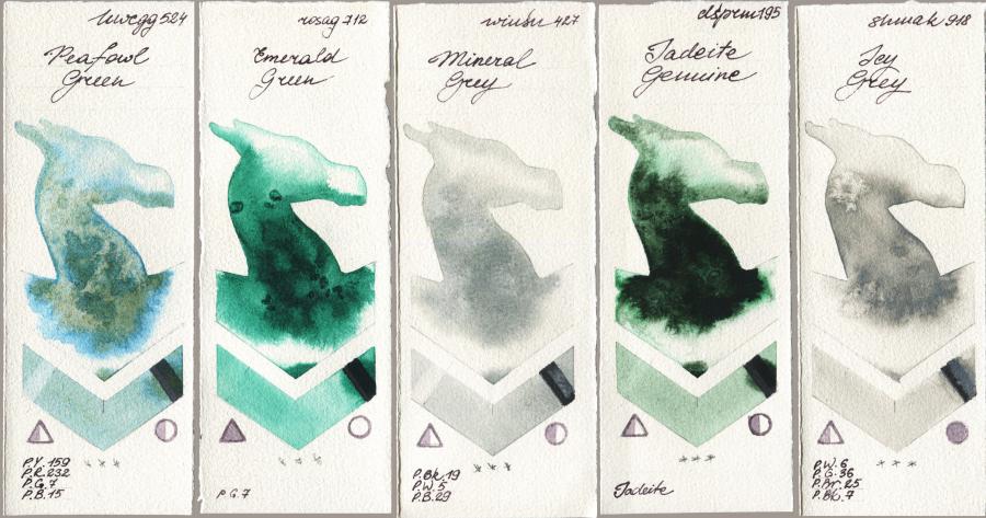 Holbein Artists Watercolor 524 Peafowl Green vs Rosa Gallery 712 Emerald Green vs Winsor & Newton Professional 427 Mineral Grey vs Daniel Smith 195 Jadeite Genuine vs Shminke Akademie Aquarell 918 Icy Grey watercolor swatch