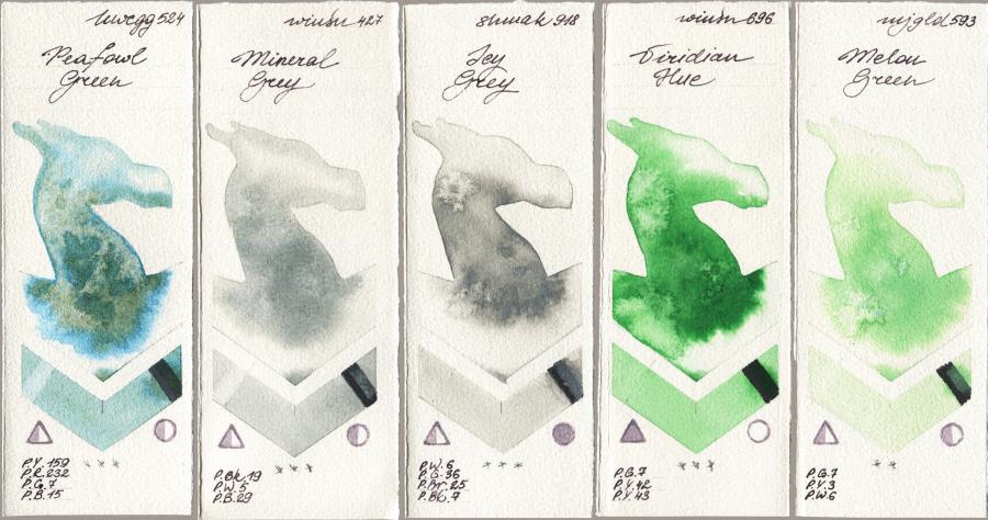 Holbein Artists Watercolor 524 Peafowl Green vs Winsor & Newton Professional 427 Mineral Grey vs Shminke Akademie Aquarell 918 Icy Grey vs 696 Viridian Hue vs Mijello Mission Gold 593 Melon Green watercolor swatch