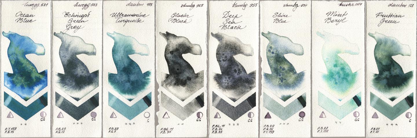 Holbein Artists Watercolor 531 Ocean Blue, 563 Echinops Green Grey, Daniel Smith 105 Ultramarine Turquoise, Shminke Horadam Aquarell 965 Glacier Black, 955 Deep Sea Black, 934 Shire Blue, Kusakabe 007 Mint Beryl, 128 Prussian Gre watercolor swatch