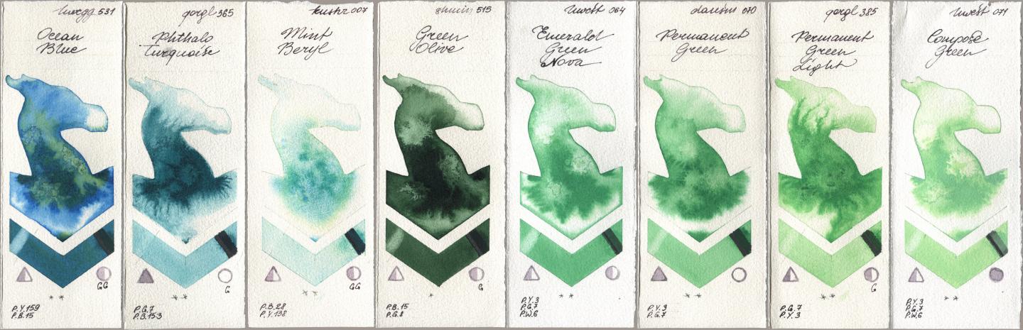 Holbein Artists Watercolor 531 Ocean Blue, Golden QOR 365 Phthalo Turquoise, Kusakabe 007 Mint Beryl, Shminke Horadam Aquarell 515 Green Olive, 064 Emerald Green Nova, Daniel Smith 070 Permanent Green, 385 Permanent Green Light, 071 Compose Gre watercolor swatch