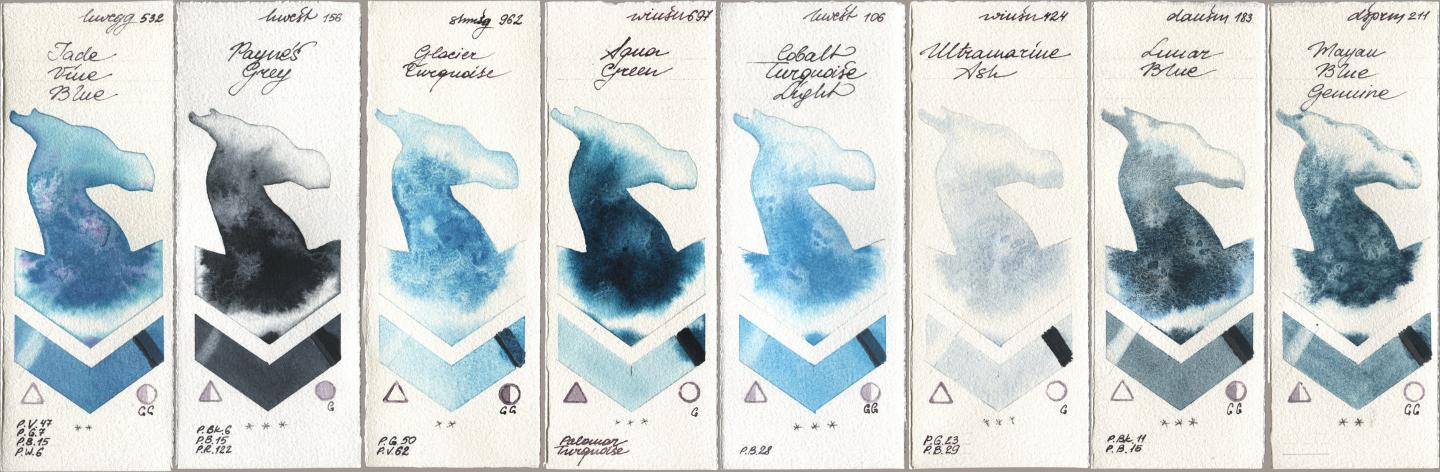 Holbein Artists Watercolor 532 Jade Vine Blue, 156 Paynes Grey, Shminke Horadam Aquarell 962 Glacier Turquoise, Winsor & Newton Professional 697 Aqua Green, 106 Cobalt Turquoise Light, 424 Ultramarine Ash, Daniel Smith 183 Lunar Blue, 211 Mayan Blue Genui watercolor swatch