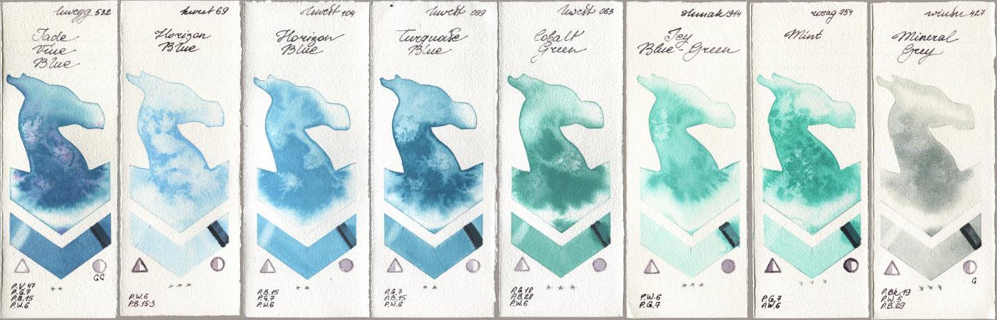 Holbein Artists Watercolor 532 Jade Vine Blue, Kuretake Gansai Tambi 069 Horizon Blue, 104 Horizon Blue, 099 Turquoise Blue, 063 Cobalt Green, Shminke Akademie Aquarell 914 Icy Blue-Green, Rosa Gallery 754 Mint, Winsor & Newton Professional 427 Mineral Gr watercolor swatch