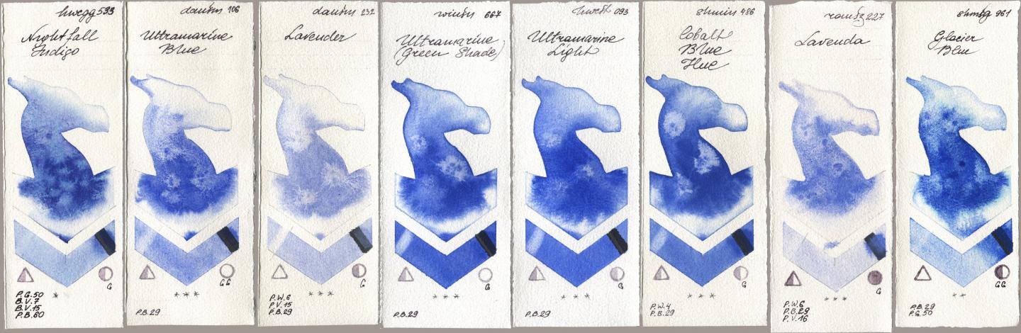 Holbein Artists Watercolor 533 Nightfall Indigo, Daniel Smith 106 Ultramarine Blue, 232 Lavender, Winsor & Newton Professional 667 Ultramarine (Green Shade), 093 Ultramarine Light, Shminke Horadam Aquarell 486 Cobalt Blue Hue, Roman Szmal Aquarius 227 Lavenda, 961 Glacier Bl watercolor swatch