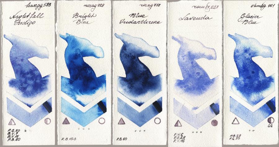 Holbein Artists Watercolor 533 Nightfall Indigo vs Rosa Gallery 729 Bright Blue vs 738 Blue Indanthrone vs Roman Szmal Aquarius 227 Lavenda vs Shminke Horadam Aquarell 961 Glacier Blue watercolor swatch