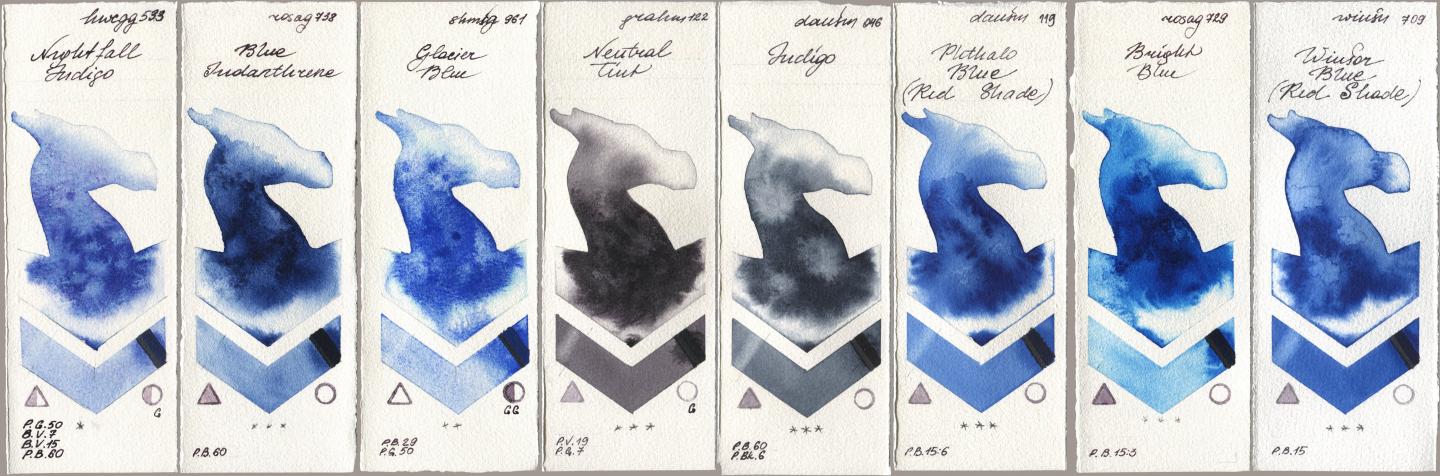 Holbein Artists Watercolor 533 Nightfall Indigo, Rosa Gallery 738 Blue Indanthrene, Shminke Horadam Aquarell 961 Glacier Blue, M. Graham & Co. Artists 122 Neutral Tint, Daniel Smith 046 Indigo, 119 Phthalo Blue (Red Shade), 729 Bright Blue, Winsor & Newton Professional 709 Winsor Blue (Red Shad watercolor swatch