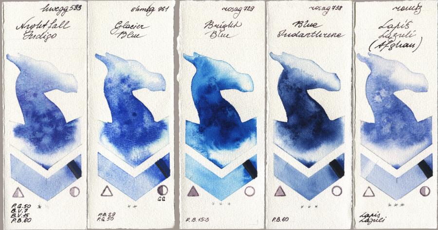 Holbein Artists Watercolor 533 Nightfall Indigo vs Shminke Horadam Aquarell 961 Glacier Blue vs Rosa Gallery 729 Bright Blue vs 738 Blue Indanthrone vs Roman Szmal Aquarius 999 Lapis Lazuli Afghan watercolor swatch