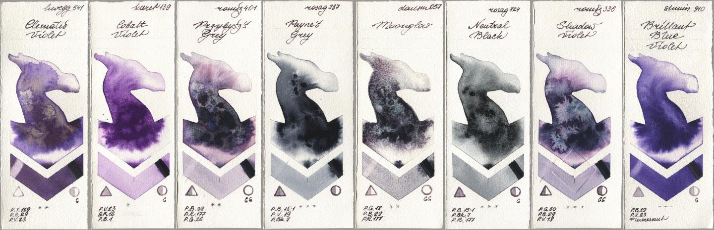 Holbein Artists Watercolor 541 Clematis Violet, Kuretake Gansai Tambi 139 Cobalt Violet, Roman Szmal Aquarius 401 Przybyszs Grey, Rosa Gallery 737 Paynes Grey, Daniel Smith 057 Moonglow, 724 Neutral Black, 336 Shadow Violet, Shminke Horadam Aquarell 910 Brilliant Blue Viol watercolor swatch