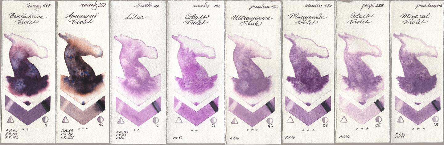 Holbein Artists Watercolor 542 Earthshine Violet, Roman Szmal Aquarius 369 Aquarius Violet, 117 Lilac, Winsor & Newton Professional 192 Cobalt Violet, M. Graham & Co. Artists 192 Ultramarine Pink, Shminke Horadam Aquarell 474 Manganese Violet, Golden QOR 285 Cobalt Violet, 116 Mineral Viol watercolor swatch