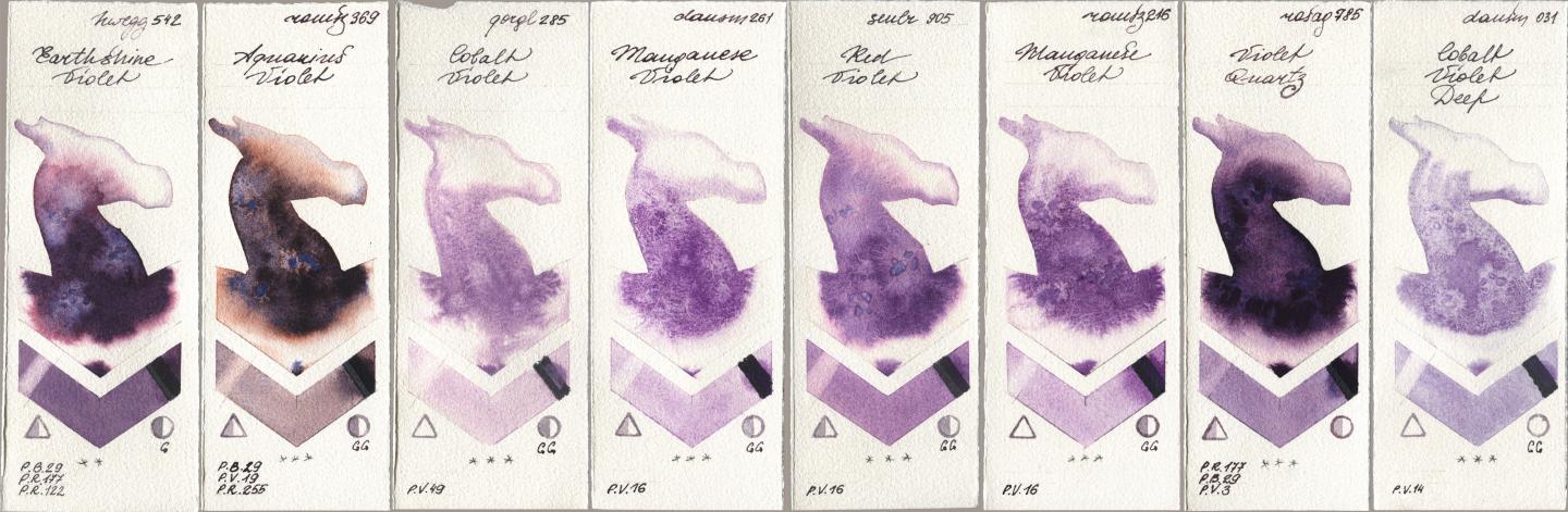Holbein Artists Watercolor 542 Earthshine Violet, Roman Szmal Aquarius 369 Aquarius Violet, Golden QOR 285 Cobalt Violet, Daniel Smith 261 Manganese Violet, Sennelier l Aquarelle 905 Red Violet, 216 Manganese Violet, Rosa Gallery 785 Violet Quartz, 031 Cobalt Violet De watercolor swatch