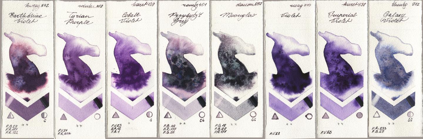 Holbein Artists Watercolor 542 Earthshine Violet, Winsor & Newton Professional 419 Tyrian Purple, Kuretake Gansai Tambi 139 Cobalt Violet, Roman Szmal Aquarius 401 Przybyszs Grey, Daniel Smith 057 Moonglow, Rosa Gallery 710 Violet, 038 Imperial Violet, Shminke Horadam Aquarell 972 Galaxy Viol watercolor swatch