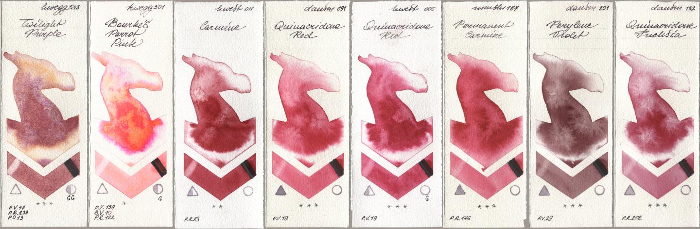 Holbein Artists Watercolor 543 Twilight Purple, 501 Bourkes Parrot Pink, 011 Carmine, Daniel Smith 091 Quinacridone Red, 005 Quinacridone Red, Maimeri Blu 167 Permanent Carmine, 201 Perylene Violet, 132 Quinacridone Fuchs watercolor swatch