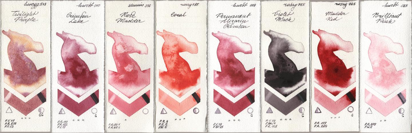 Holbein Artists Watercolor 543 Twilight Purple, 010 Crimson Lake, Shminke Horadam Aquarell 356 Rose Madder, Rosa Gallery 756 Coral, 009 Permanent Alizarin Crimson, 765 Violet Black, 725 Madder Red, 025 Brilliant Pi watercolor swatch