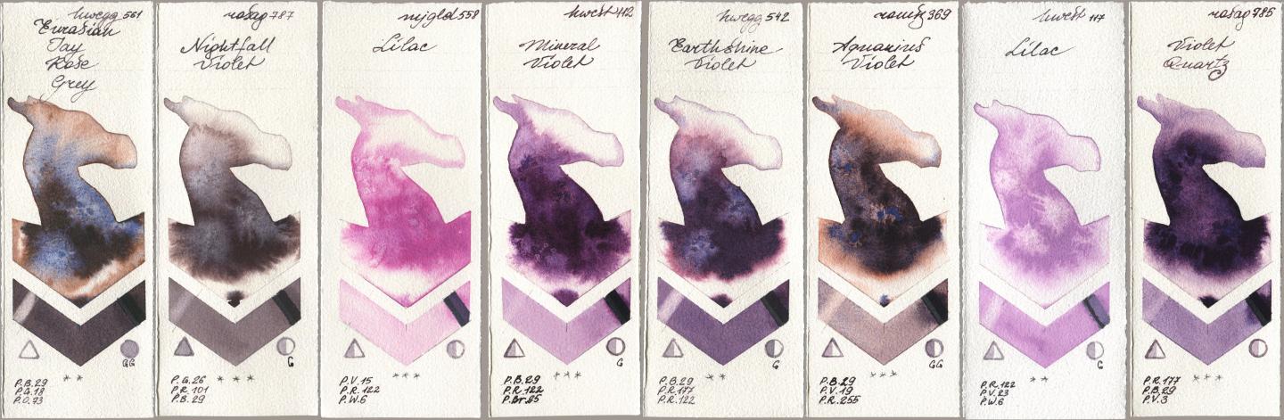 Holbein Artists Watercolor 561 Eurasian Jay Rose Grey, Rosa Gallery 787 Nightfall Violet, Mijello Mission Gold 558 Lilac, 112 Mineral Violet, 542 Earthshine Violet, Roman Szmal Aquarius 369 Aquarius Violet, 117 Lilac, 785 Violet Quar watercolor swatch