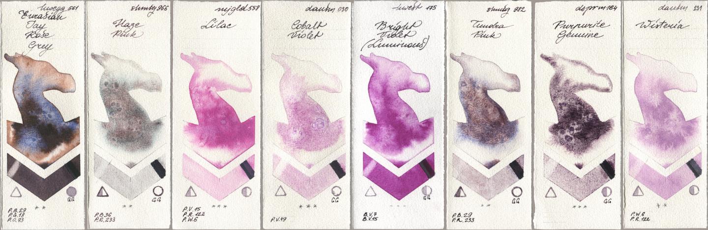 Holbein Artists Watercolor 561 Eurasian Jay Rose Grey, Shminke Horadam Aquarell 966 Haze Pink, Mijello Mission Gold 558 Lilac, Daniel Smith 030 Cobalt Violet, 175 Bright Violet (Luminous), 982 Tundra Pink, 164 Purpurite Genuine, 231 Wister watercolor swatch