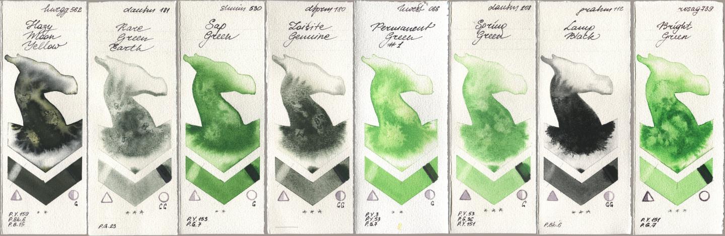 Holbein Artists Watercolor 562 Hazy Moon Yellow, Daniel Smith 181 Rare Green Earth, Shminke Horadam Aquarell 530 Sap Green, 180 Zoisite Genuine, 066 Permanent Green No 1, 208 Spring Green, M. Graham & Co. Artists 112 Lamp Black, Rosa Gallery 739 Bright Gre watercolor swatch