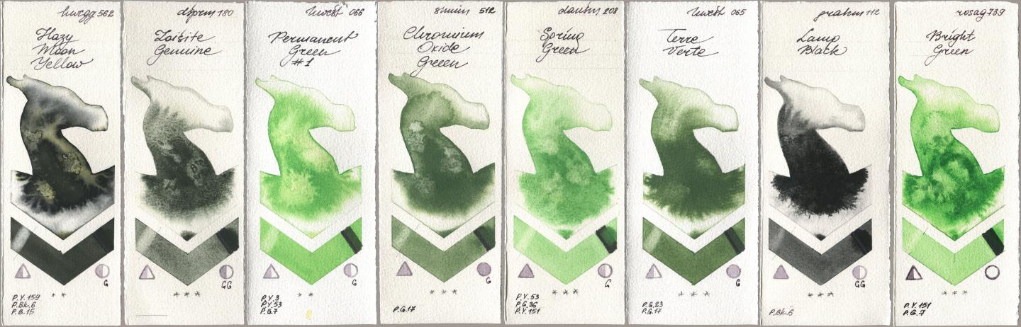 Holbein Artists Watercolor 562 Hazy Moon Yellow, Daniel Smith 180 Zoisite Genuine, 066 Permanent Green No 1, Shminke Horadam Aquarell 512 Chromium Oxide Green, 208 Spring Green, 065 Terre Verte, M. Graham & Co. Artists 112 Lamp Black, Rosa Gallery 739 Bright Gre watercolor swatch