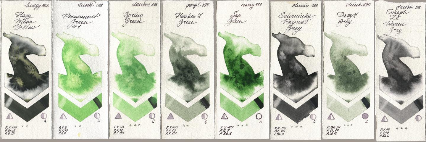 Holbein Artists Watercolor 562 Hazy Moon Yellow, 066 Permanent Green No 1, Daniel Smith 208 Spring Green, Golden QOR 395 Hookers Green, Rosa Gallery 728 Sap Green, Shminke Horadam Aquarell 783 Schmincke Paynes Grey, Shinhan PWC 690 Davys Grey, 246 Joseph Zs Warm Gr watercolor swatch