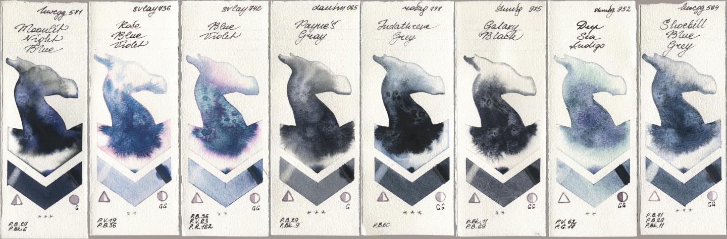 Holbein Artists Watercolor 571 Moonlit Night Blue, SuperVision 736 Rose Blue Violet, 742 Blue Violet, Daniel Smith 065 Paynes Gray, Rosa Gallery 778 Indanthrene Grey, Shminke Horadam Aquarell 975 Galaxy Black, 952 Deep Sea Indigo, 564 Shoebill Blue Gr watercolor swatch