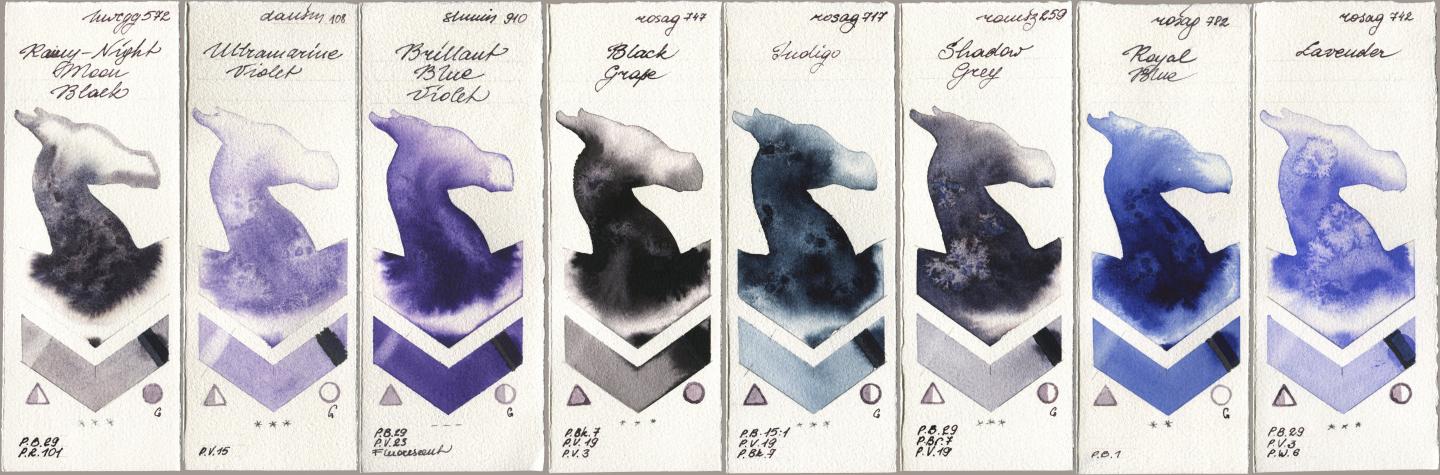 Holbein Artists Watercolor 572 Rainy-Night Moon Back, Daniel Smith 108 Ultramarine Violet, Shminke Horadam Aquarell 910 Brilliant Blue Violet, Rosa Gallery 747 Black Grape, 717 Indigo, Roman Szmal Aquarius 259 Shadow Grey, 782 Royal Blue, 742 Lavend watercolor swatch